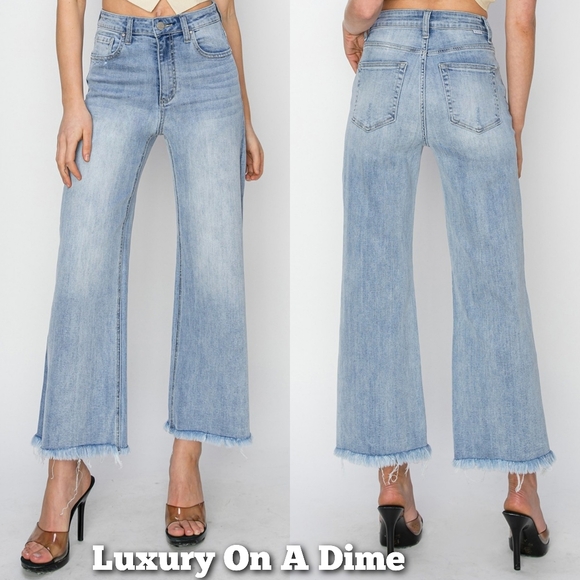 RISEN Denim - RISEN High-Rise Waist Pants Wide Leg Cropped Frayed Hem Boyfriend Denim Jeans